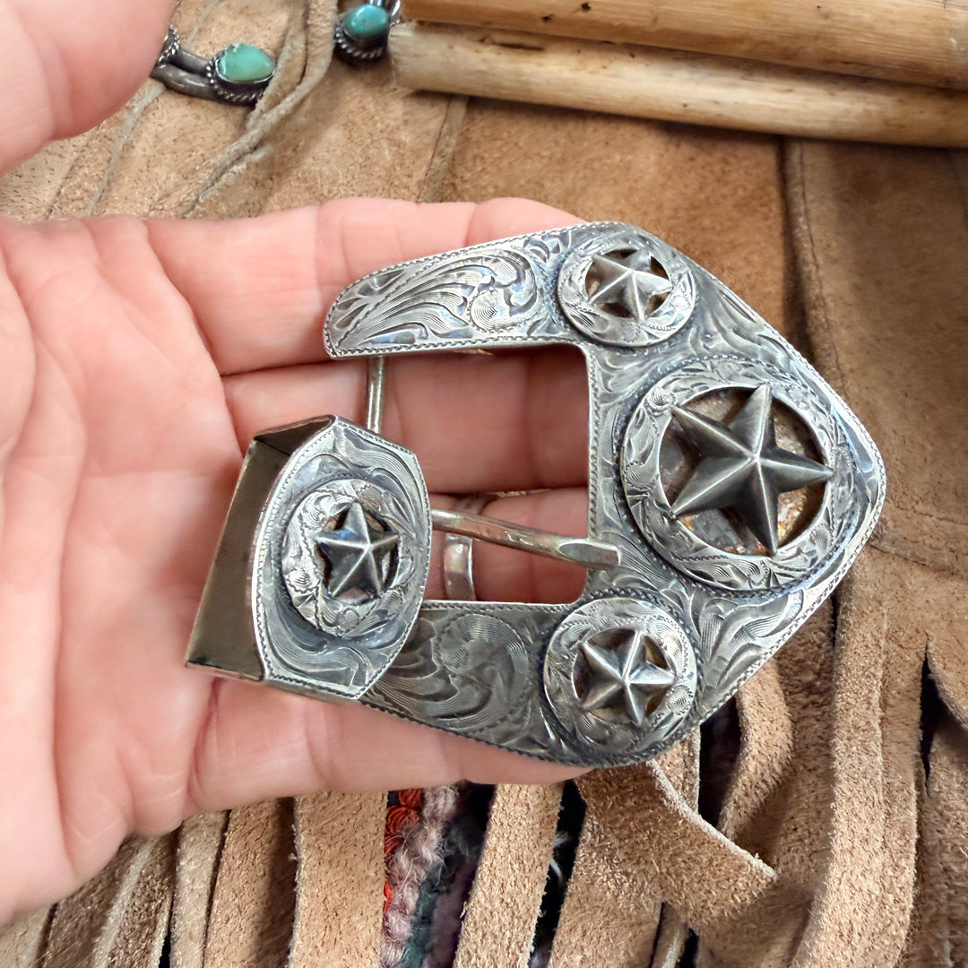 Vintage Mexican Sterling Silver Star Ranger Belt Buckle Set