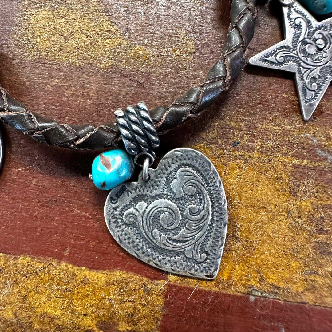 Brown Leather Sterling Silver & Turquoise Charm Bracelet Carolyn Pollack Relios