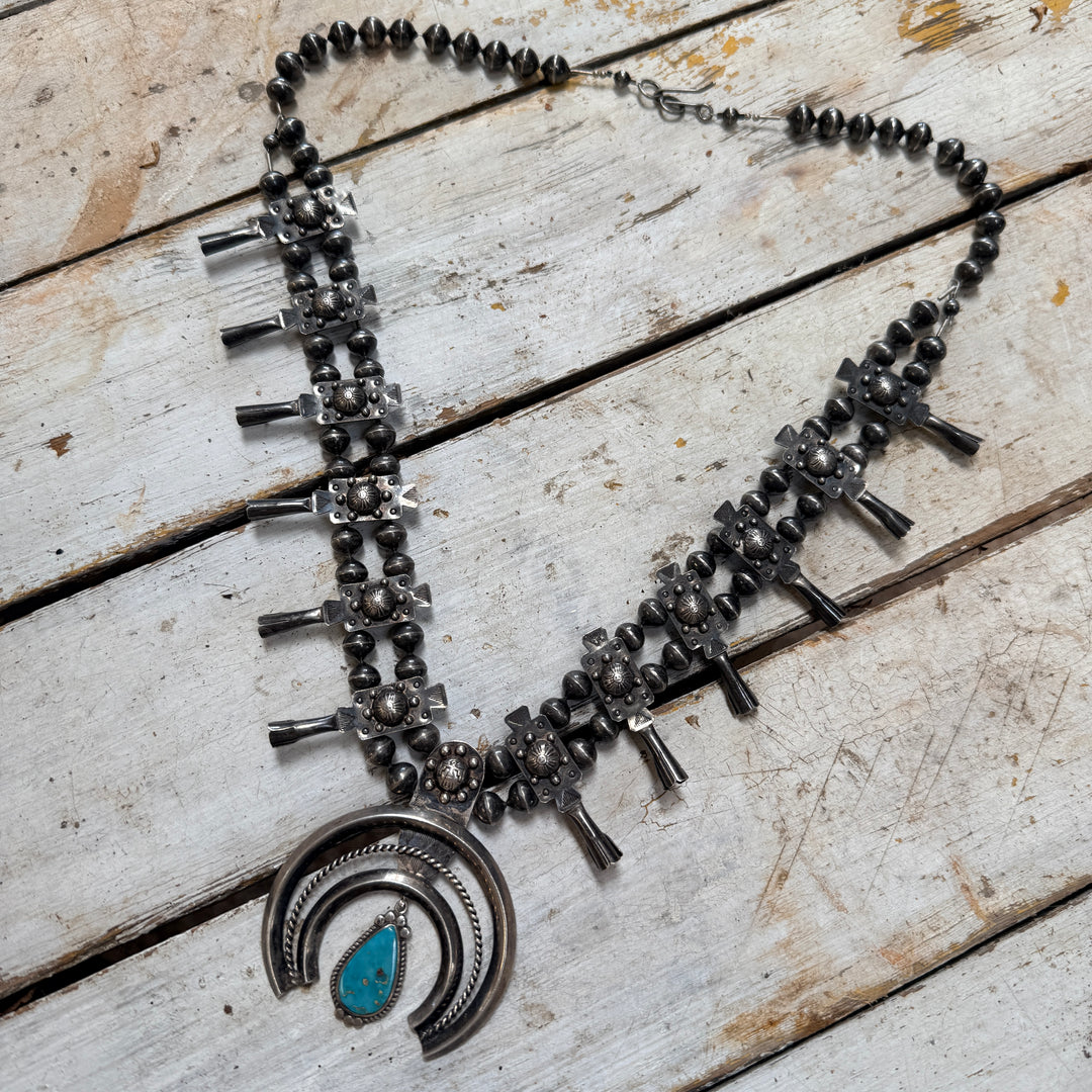 Early Navajo Sterling Silver Turquoise Squash Blossom Necklace