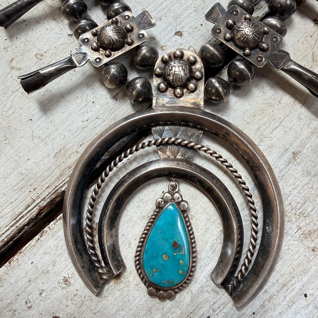 Early Navajo Sterling Silver Turquoise Squash Blossom Necklace