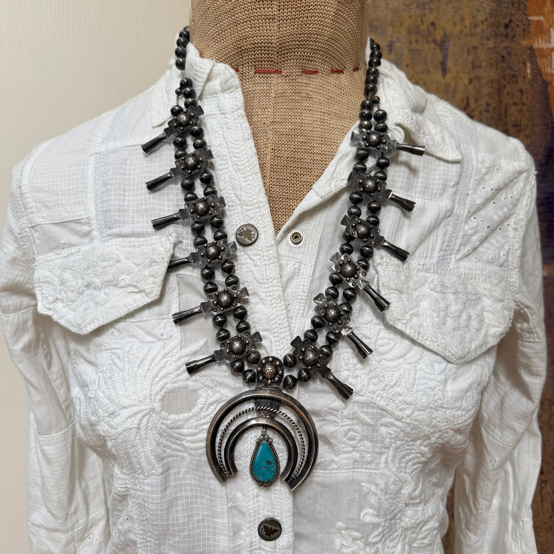 Early Navajo Sterling Silver Turquoise Squash Blossom Necklace