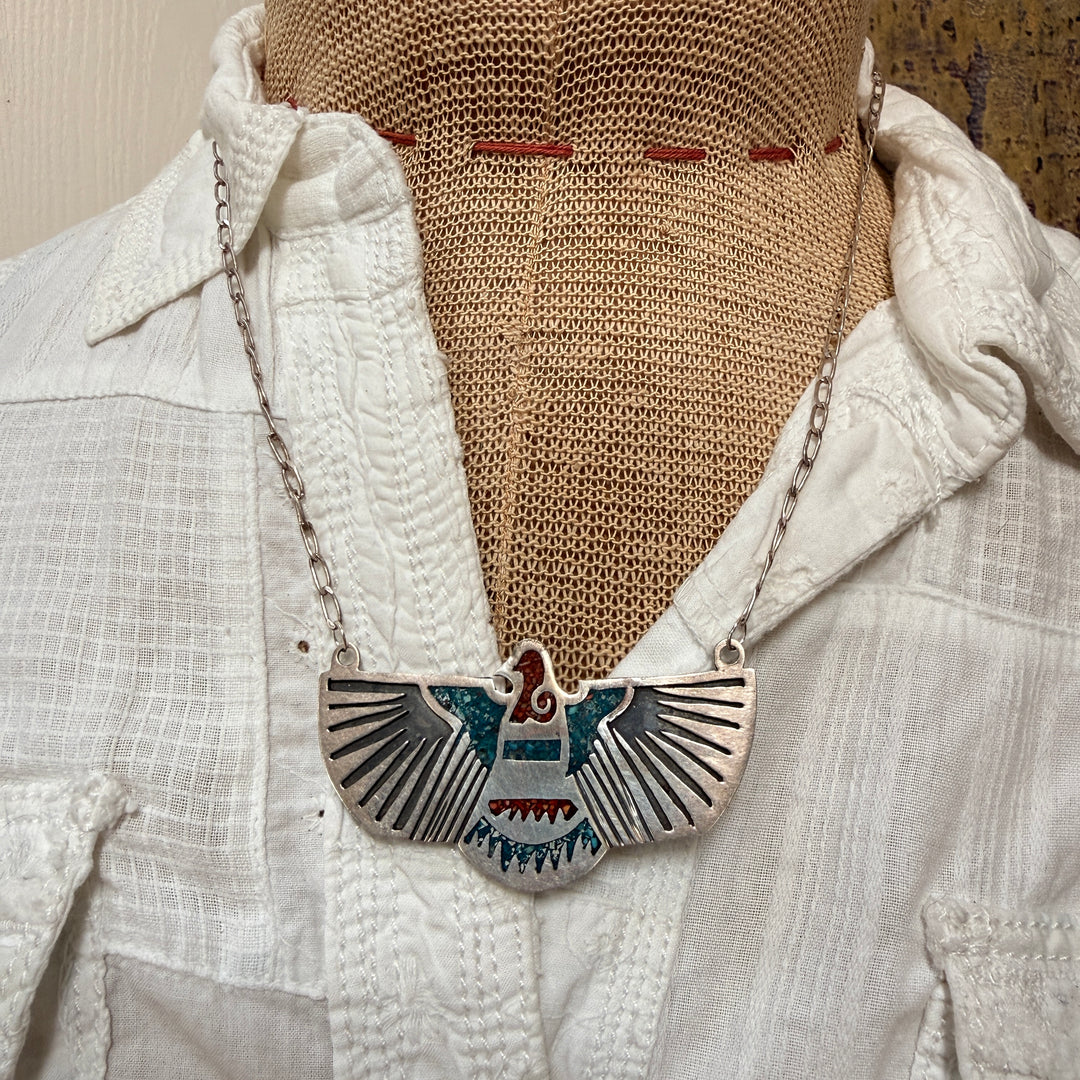 Vintage Navajo Shiprock Mosaic Sterling Thunderbird Eagle Necklace