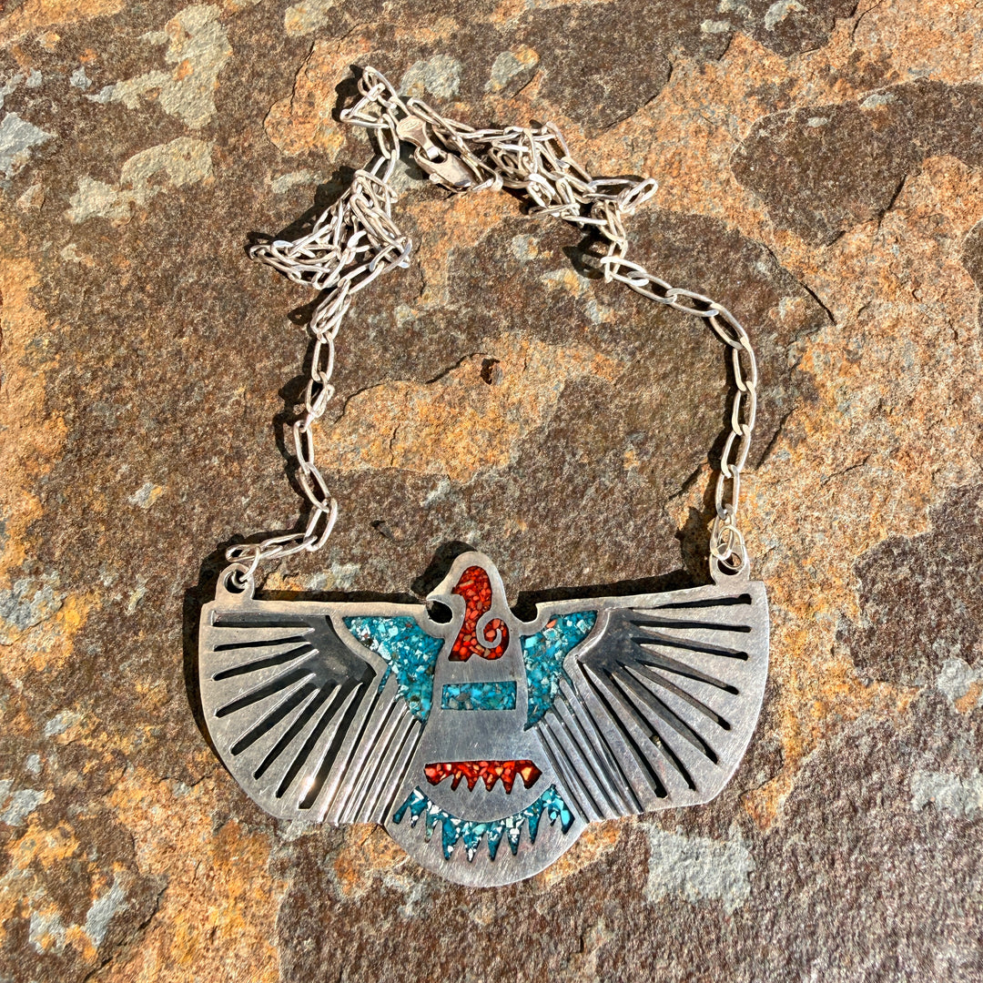 Vintage Navajo Shiprock Mosaic Sterling Thunderbird Eagle Necklace