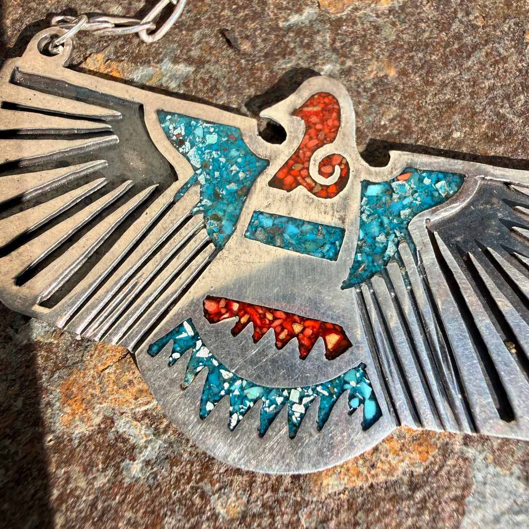 Vintage Navajo Shiprock Mosaic Sterling Thunderbird Eagle Necklace