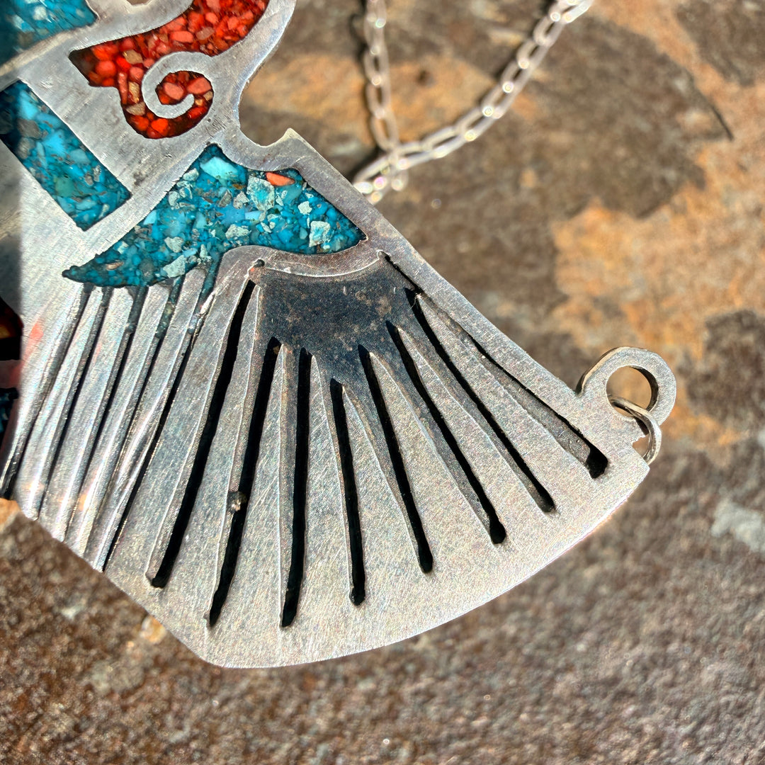 Vintage Navajo Shiprock Mosaic Sterling Thunderbird Eagle Necklace