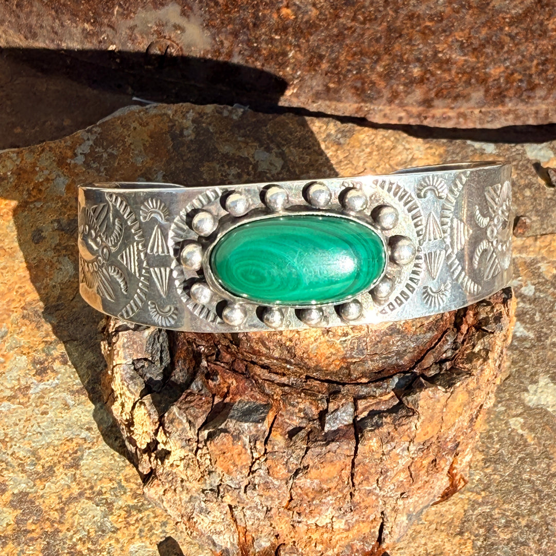 Vintage Navajo Sterling Silver & Malachite Cuff Bracelet