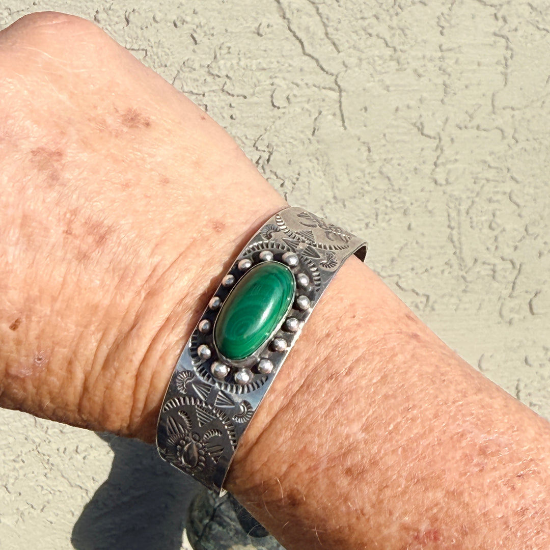 Vintage Navajo Sterling Silver & Malachite Cuff Bracelet