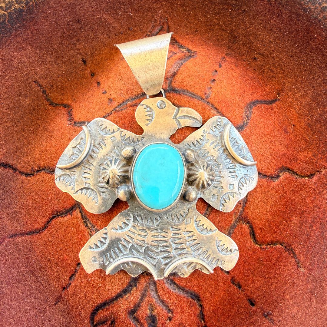 Large Sterling Silver Turquoise Chimney Butte Thunderbird Pendant