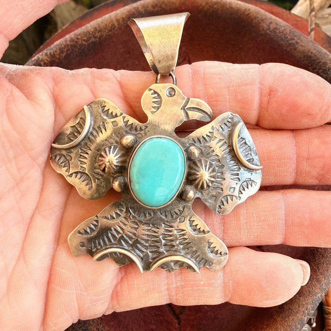 Large Sterling Silver Turquoise Chimney Butte Thunderbird Pendant