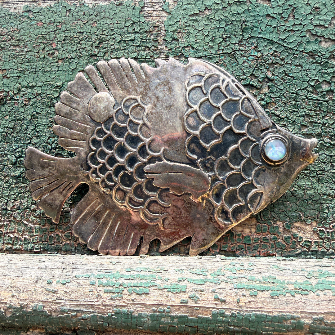 Sterling Silver & Opal Fish Brooch Pin Great Falls Metal Works