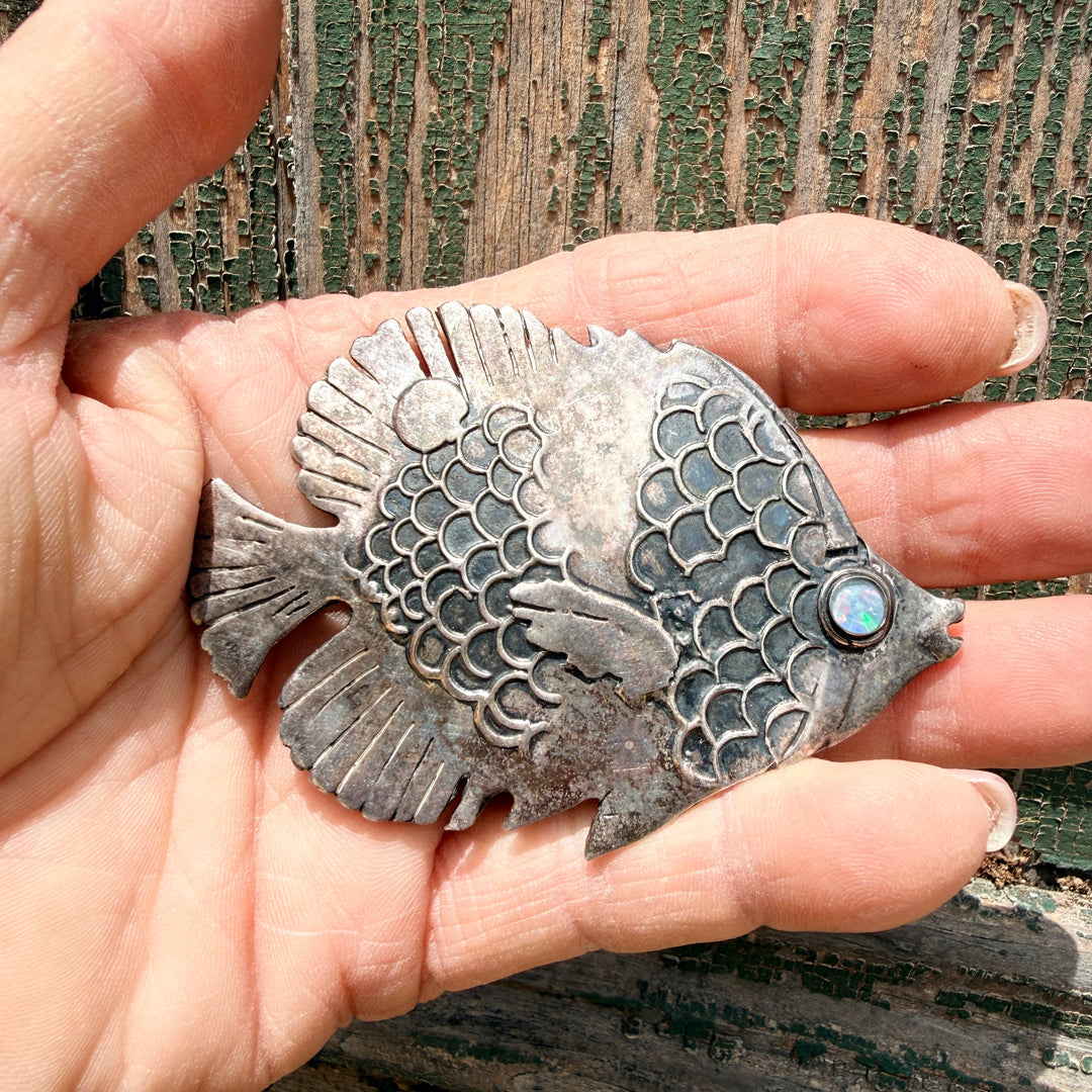 Sterling Silver & Opal Fish Brooch Pin Great Falls Metal Works