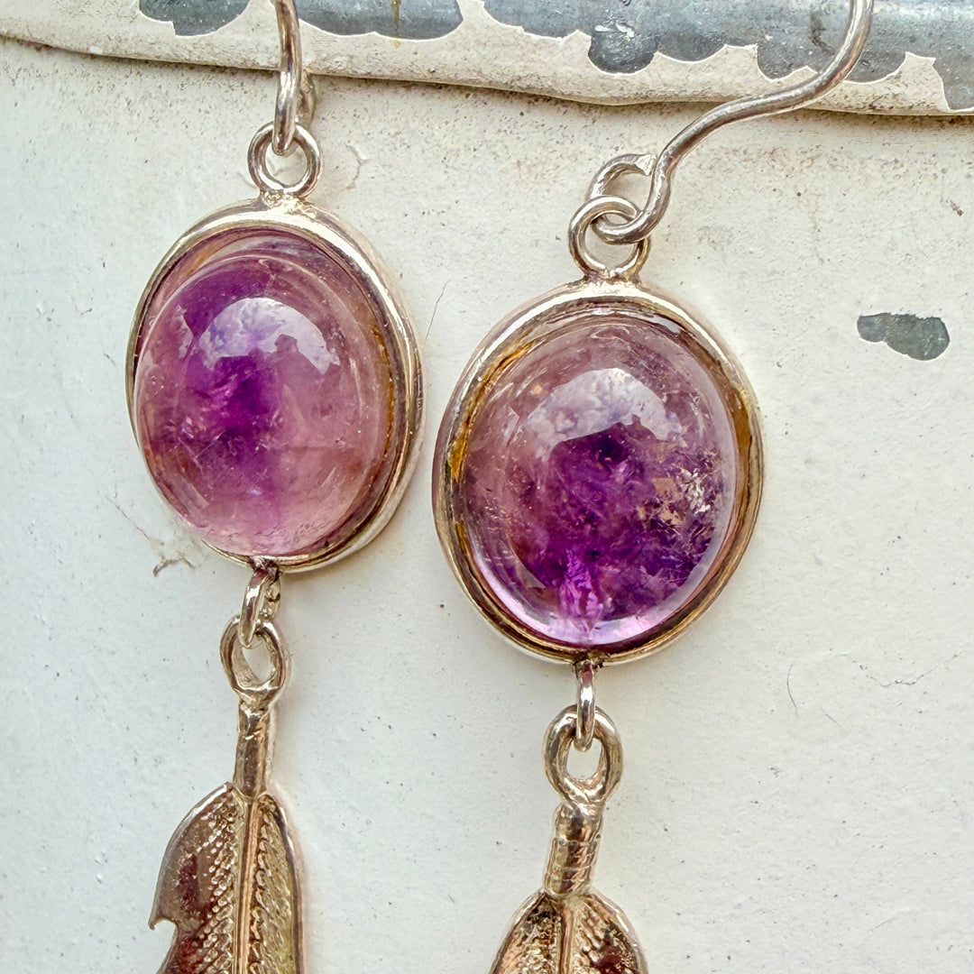 Sterling Silver & Purple Amethyst Feather Earrings