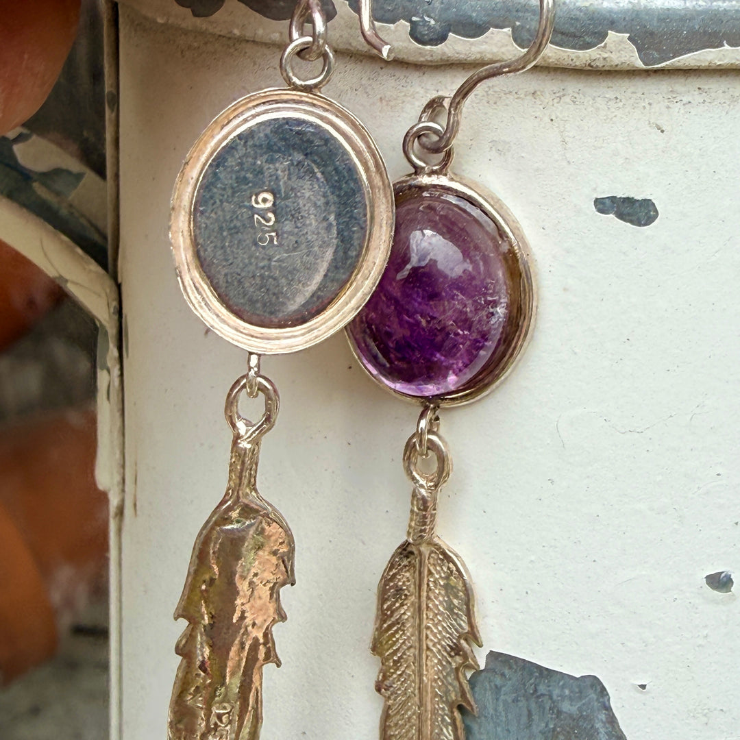 Sterling Silver & Purple Amethyst Feather Earrings
