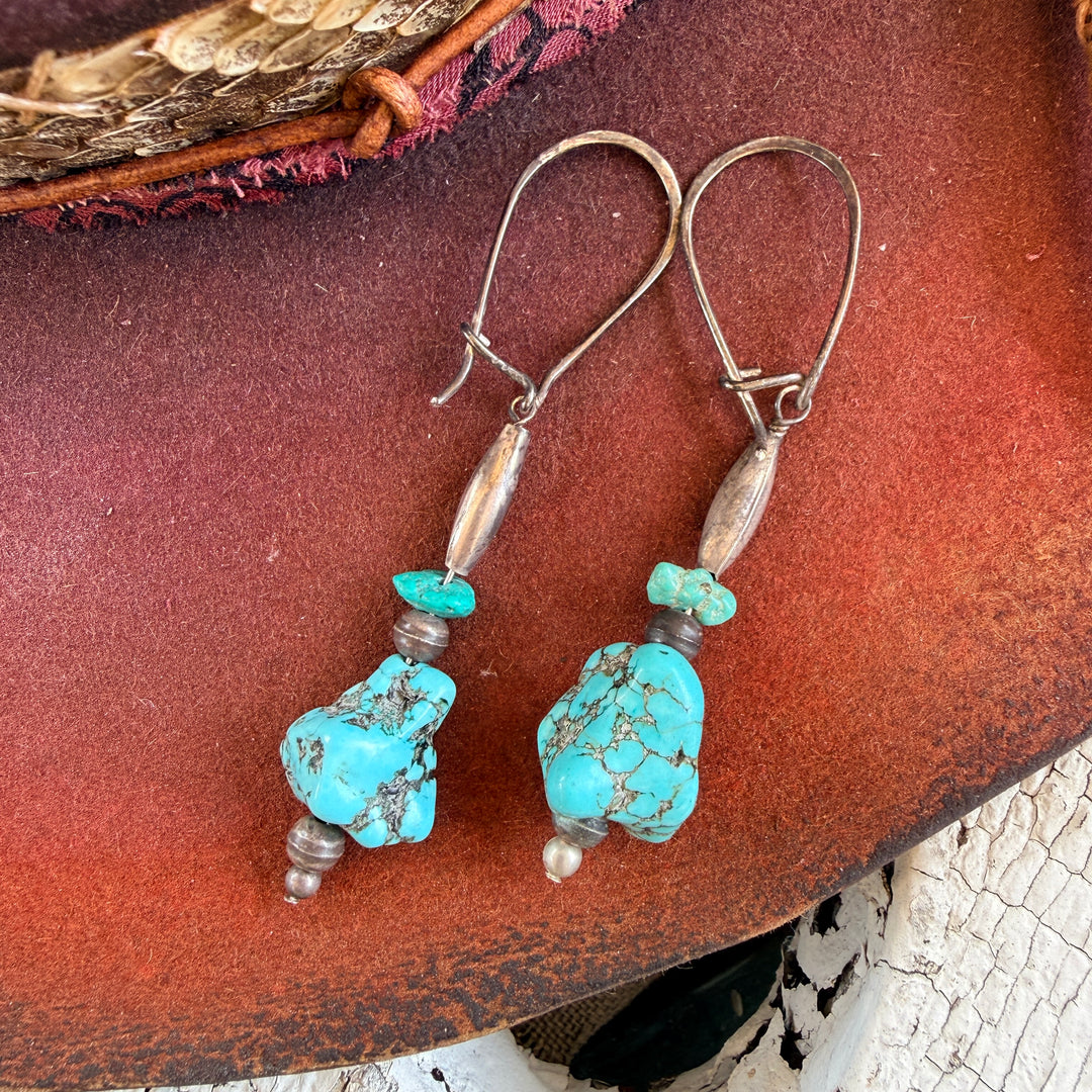 Vintage Navajo Sterling Silver Bench Bead & Turquoise Pierced Earrings