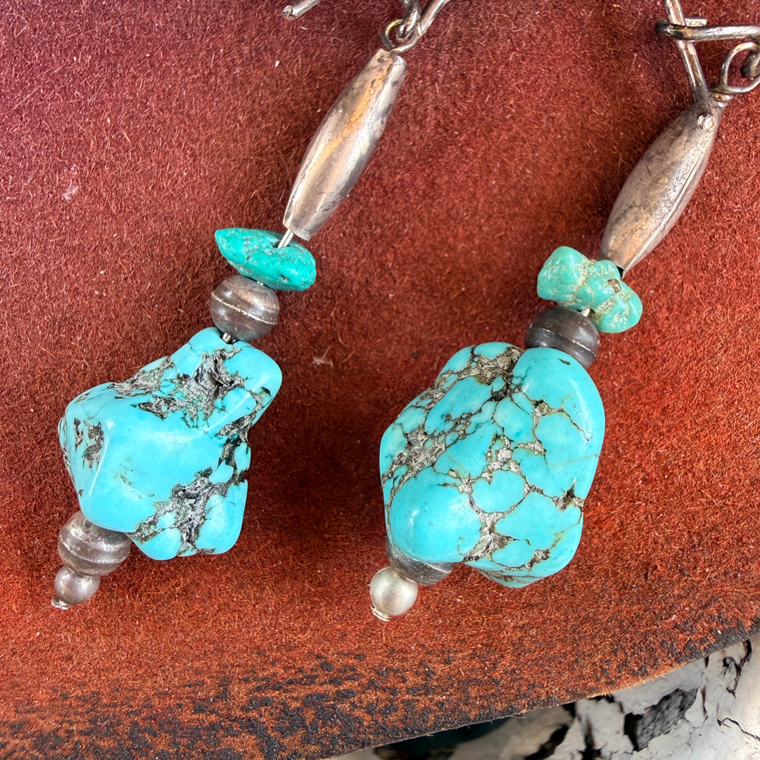 Vintage Navajo Sterling Silver Bench Bead & Turquoise Pierced Earrings