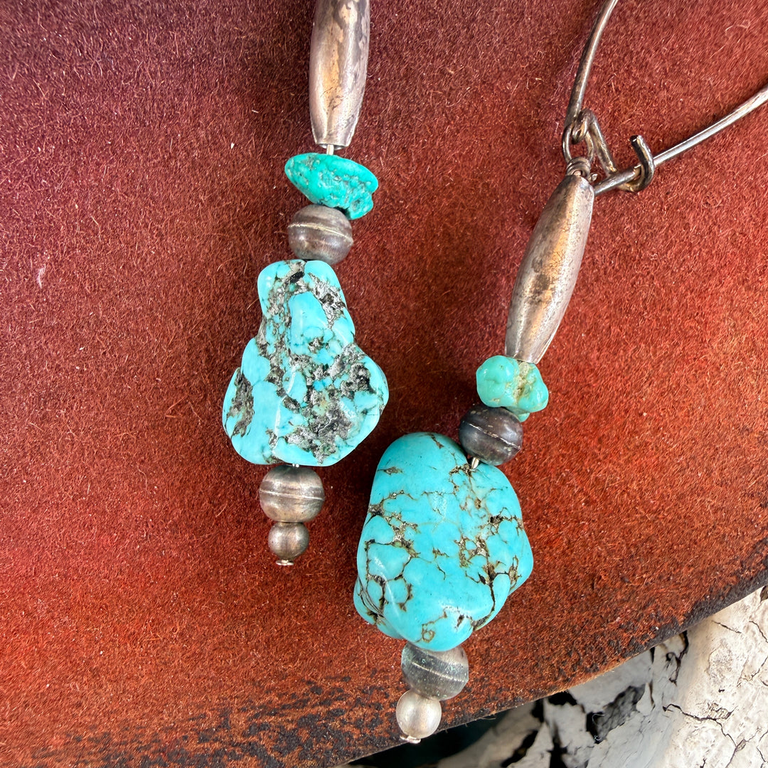 Vintage Navajo Sterling Silver Bench Bead & Turquoise Pierced Earrings