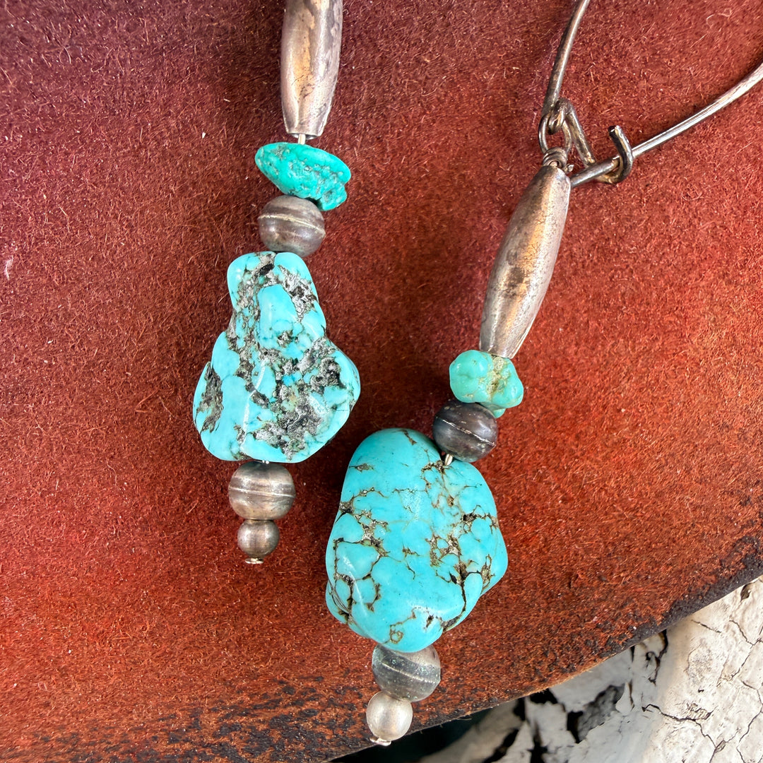Vintage Navajo Sterling Silver Bench Bead & Turquoise Pierced Earrings