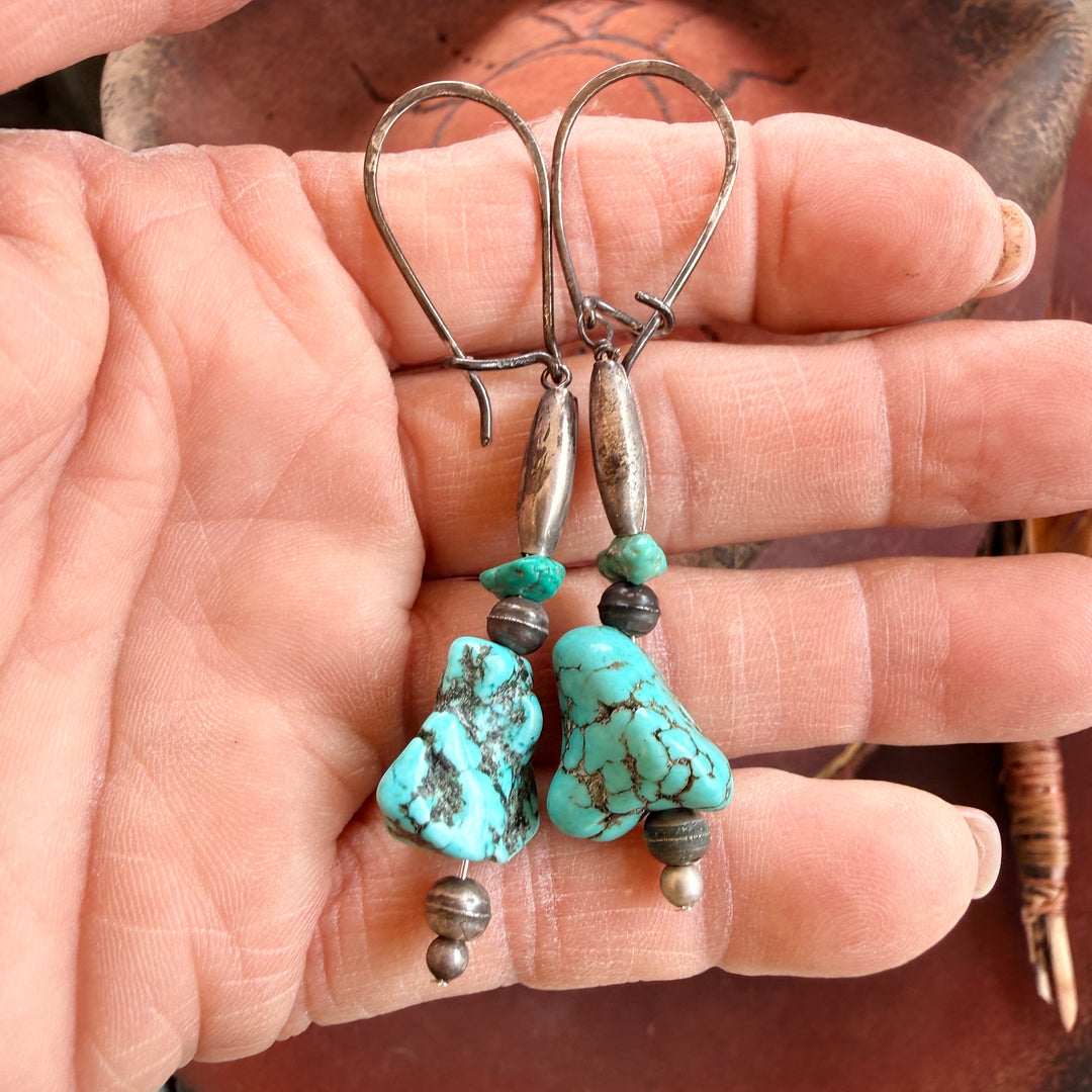 Vintage Navajo Sterling Silver Bench Bead & Turquoise Pierced Earrings