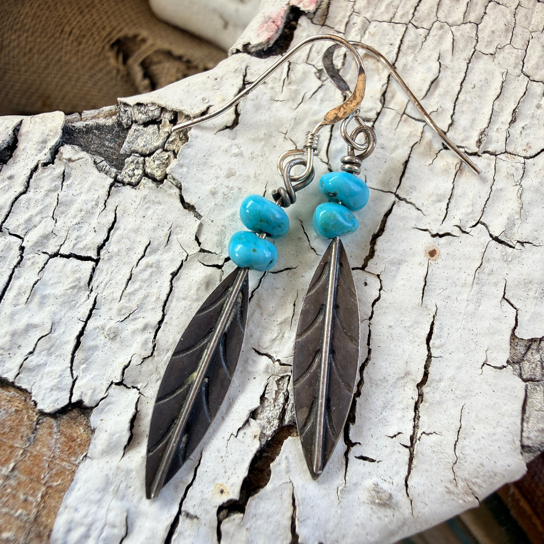 Vintage Sterling Silver & Turquoise Pierced Feather Earrings Southwestern