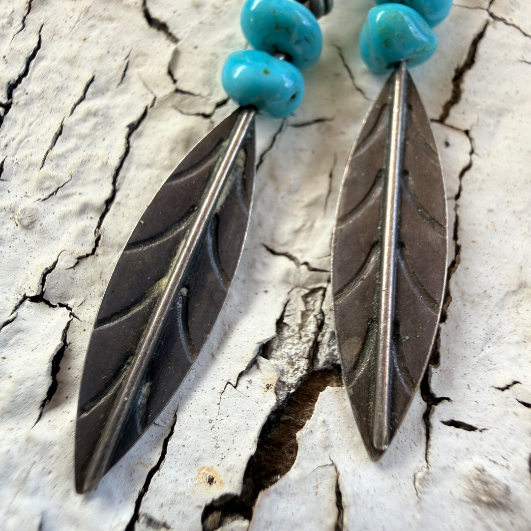 Vintage Sterling Silver & Turquoise Pierced Feather Earrings Southwestern