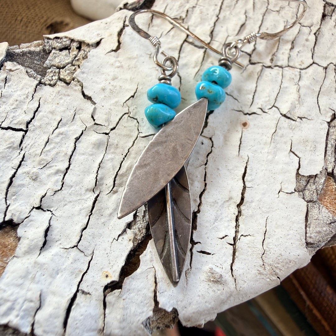 Vintage Sterling Silver & Turquoise Pierced Feather Earrings Southwestern