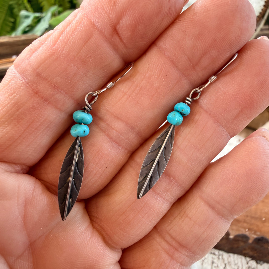 Vintage Sterling Silver & Turquoise Pierced Feather Earrings Southwestern