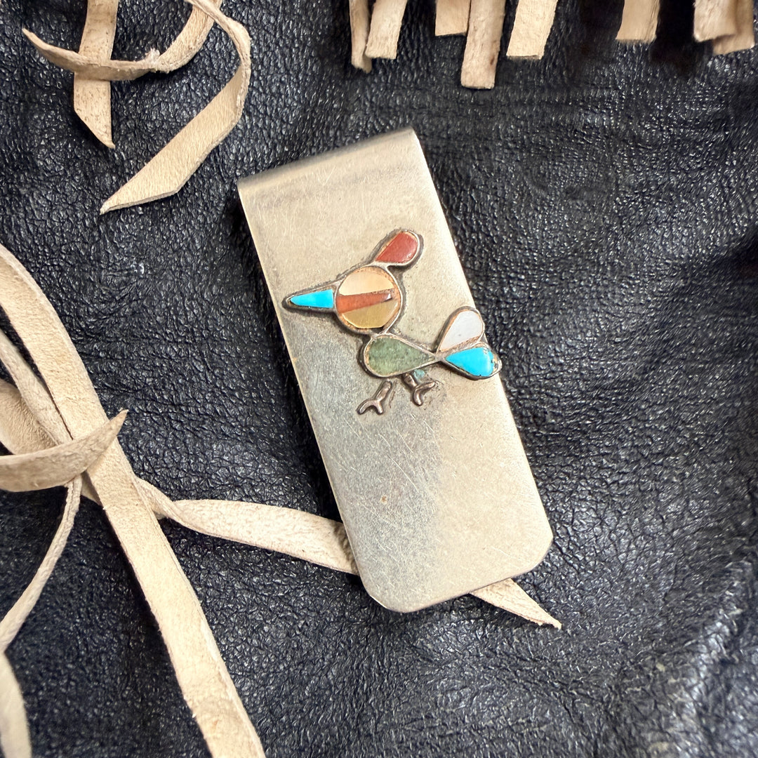 Vintage Sterling Silver & Nickel Inlay Roadrunner Money Clip