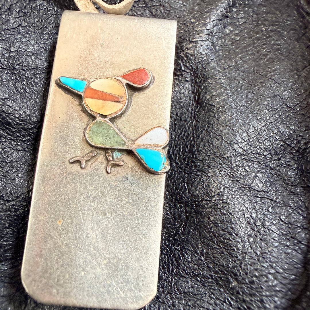 Vintage Sterling Silver & Nickel Inlay Roadrunner Money Clip