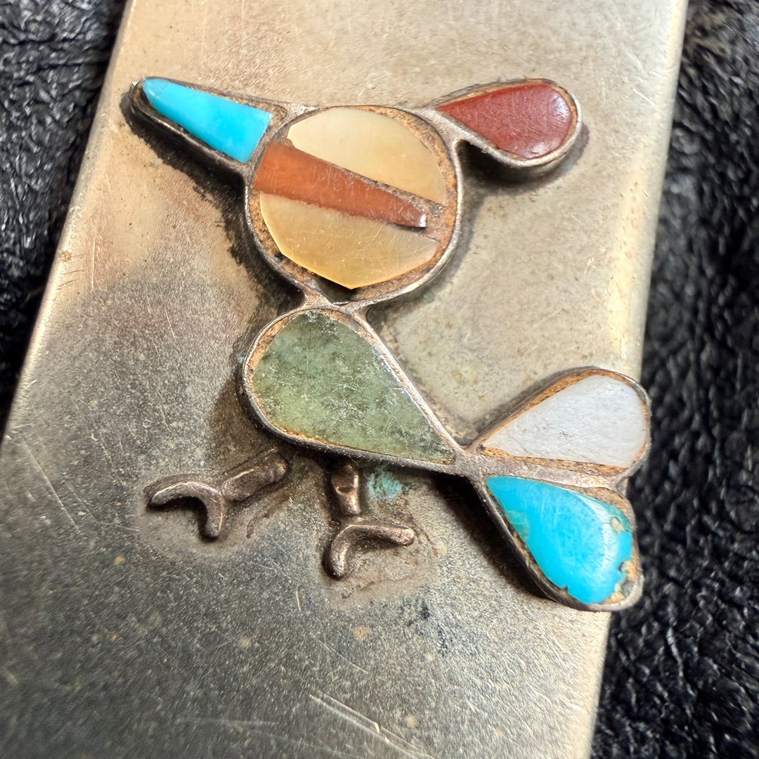 Vintage Sterling Silver & Nickel Inlay Roadrunner Money Clip