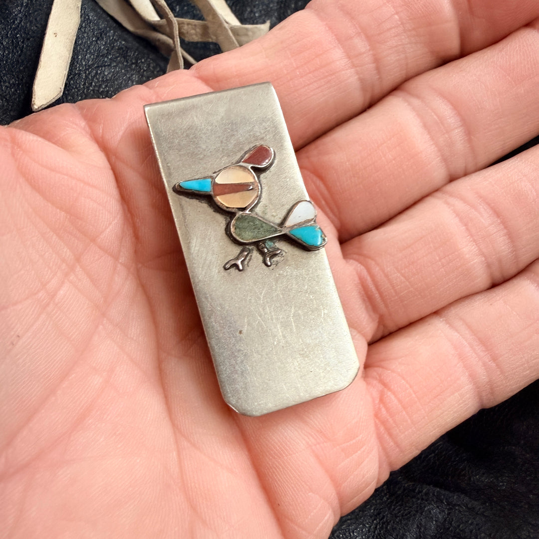 Vintage Sterling Silver & Nickel Inlay Roadrunner Money Clip