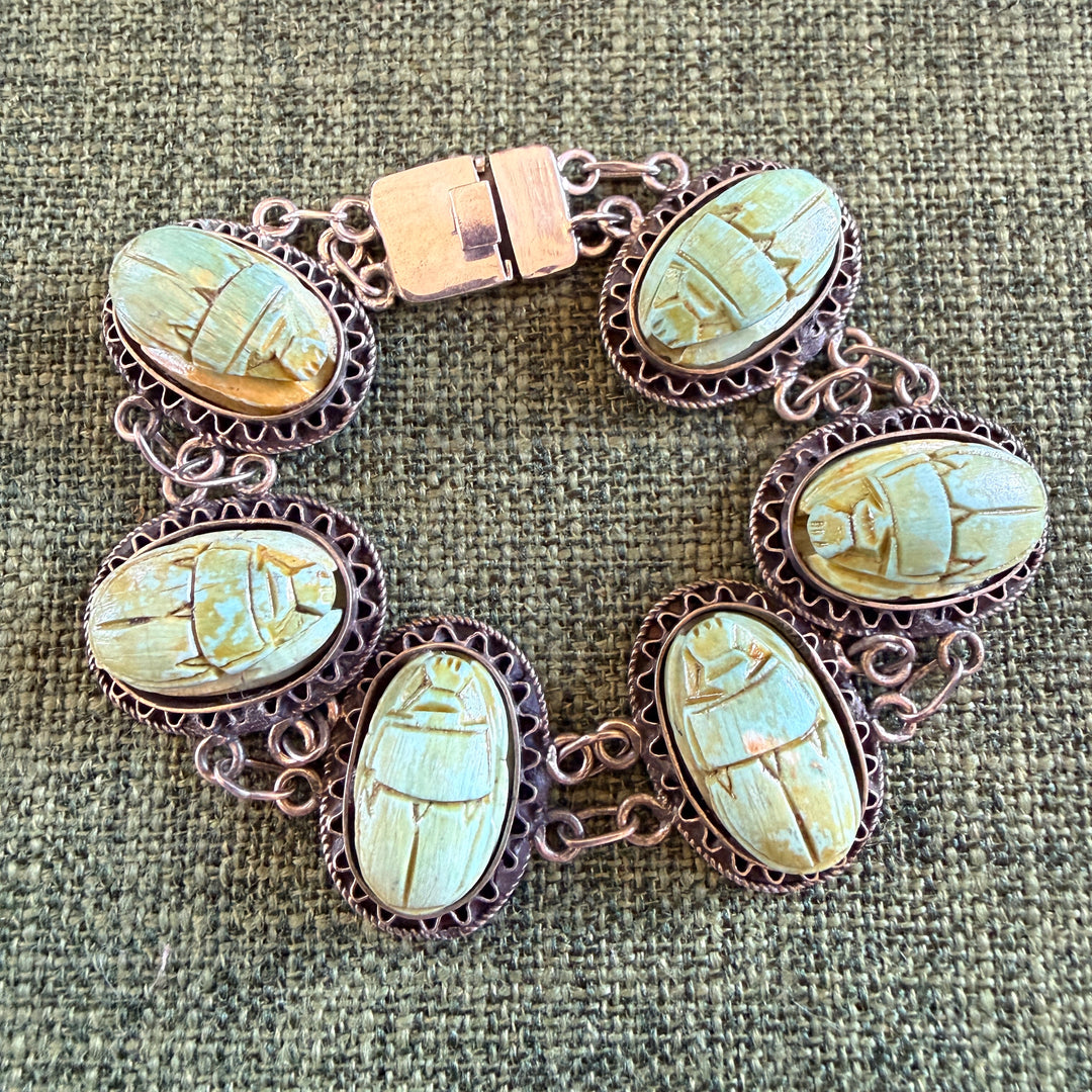 Vintage Sterling Silver Scarab Bead Panel Bracelet Egyptian