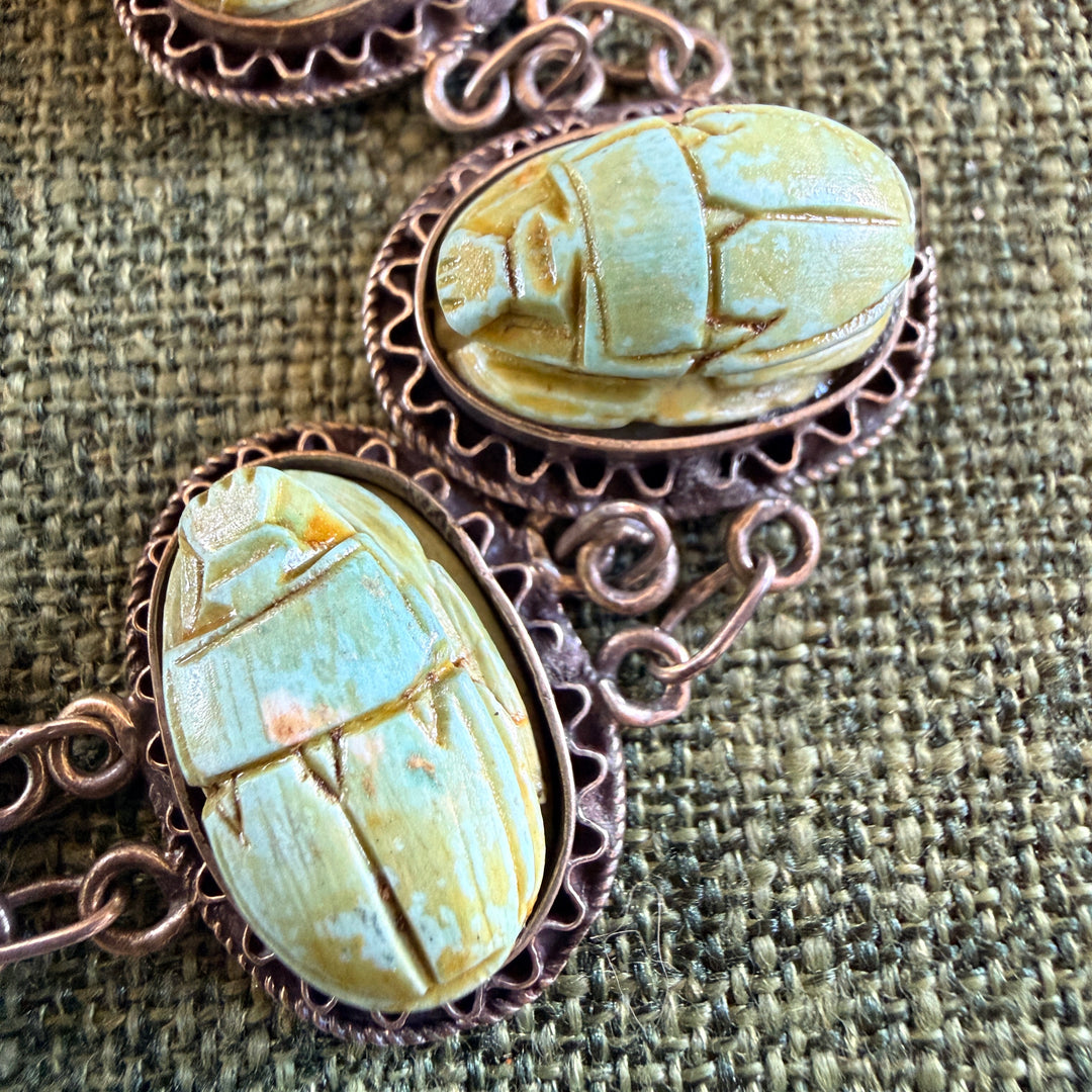 Vintage Sterling Silver Scarab Bead Panel Bracelet Egyptian