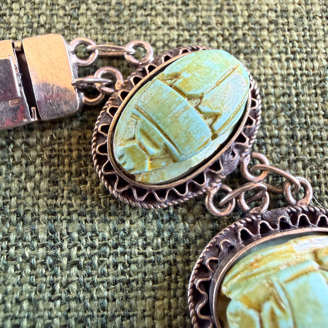 Vintage Sterling Silver Scarab Bead Panel Bracelet Egyptian