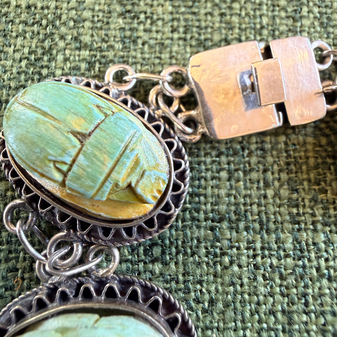 Vintage Sterling Silver Scarab Bead Panel Bracelet Egyptian