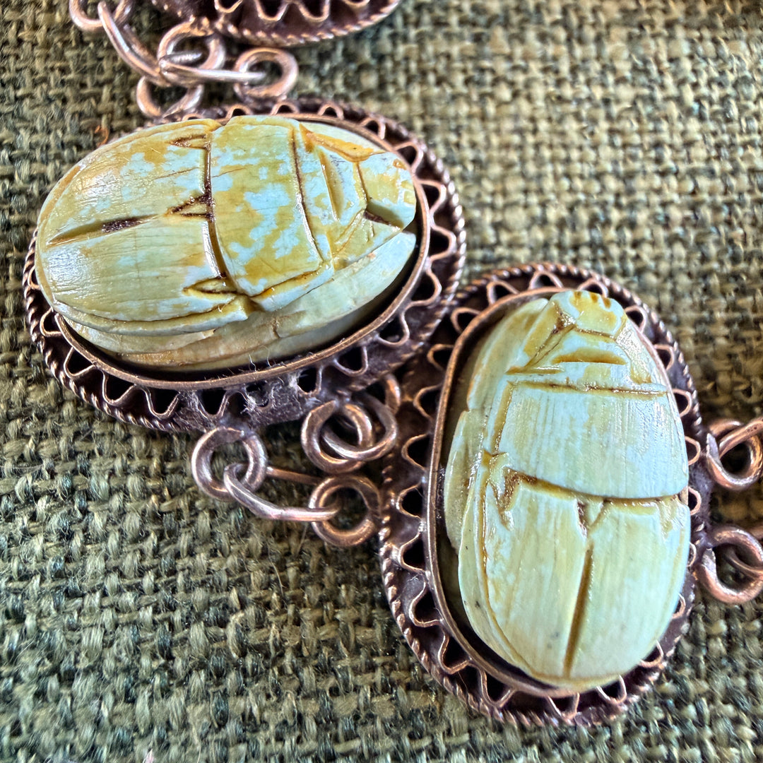 Vintage Sterling Silver Scarab Bead Panel Bracelet Egyptian
