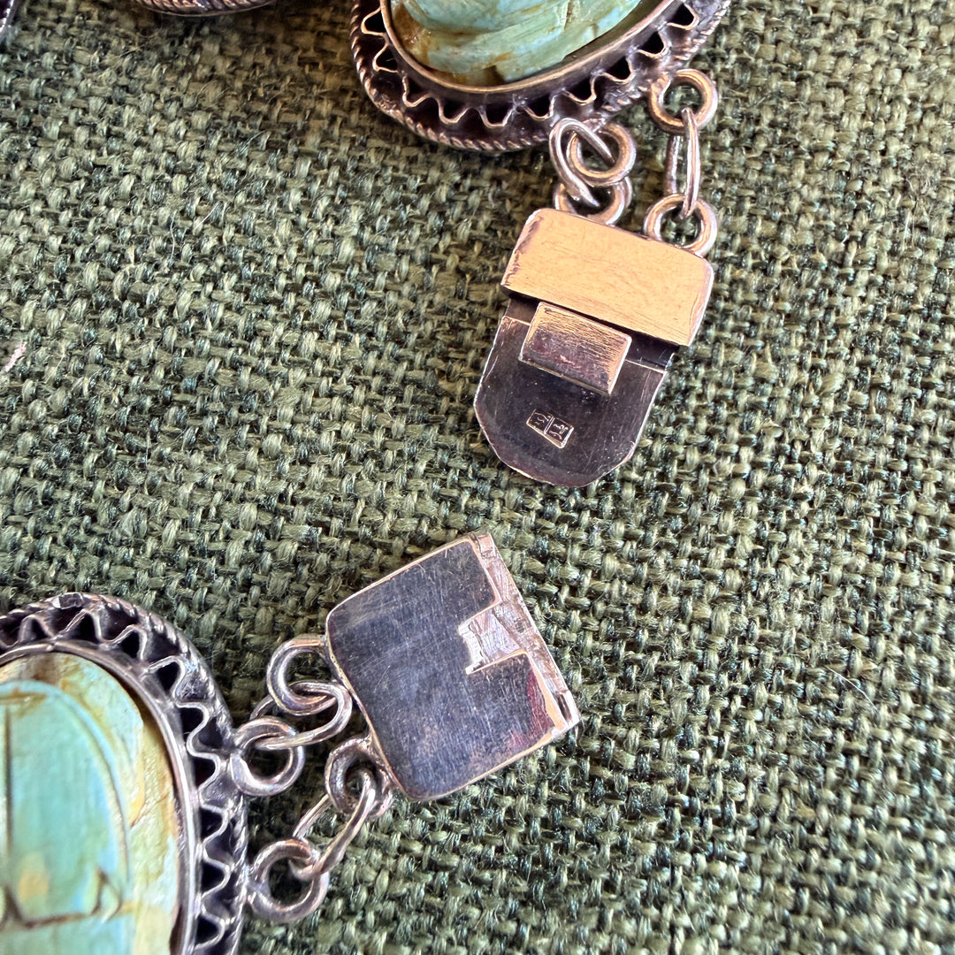 Vintage Sterling Silver Scarab Bead Panel Bracelet Egyptian