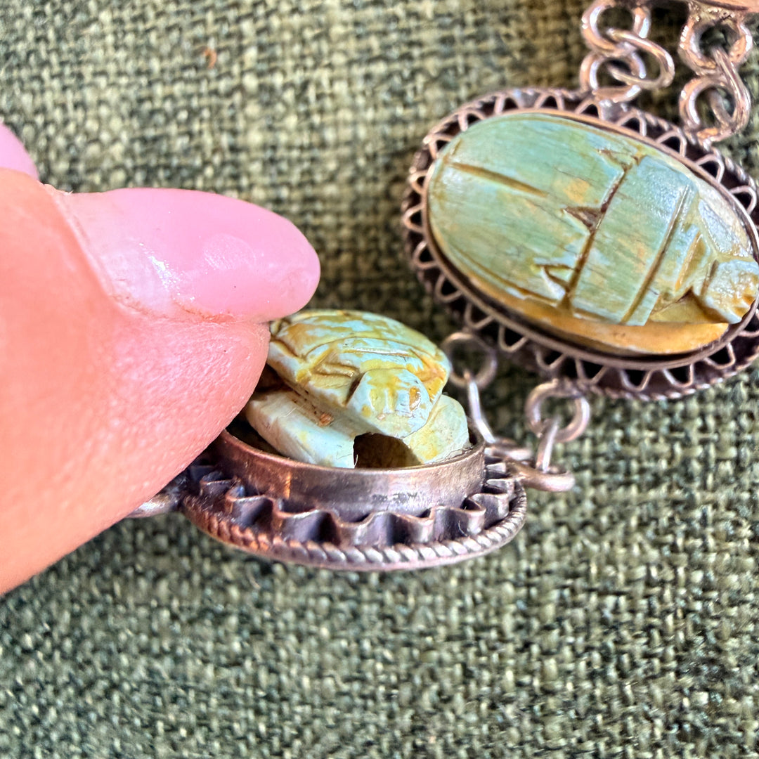Vintage Sterling Silver Scarab Bead Panel Bracelet Egyptian