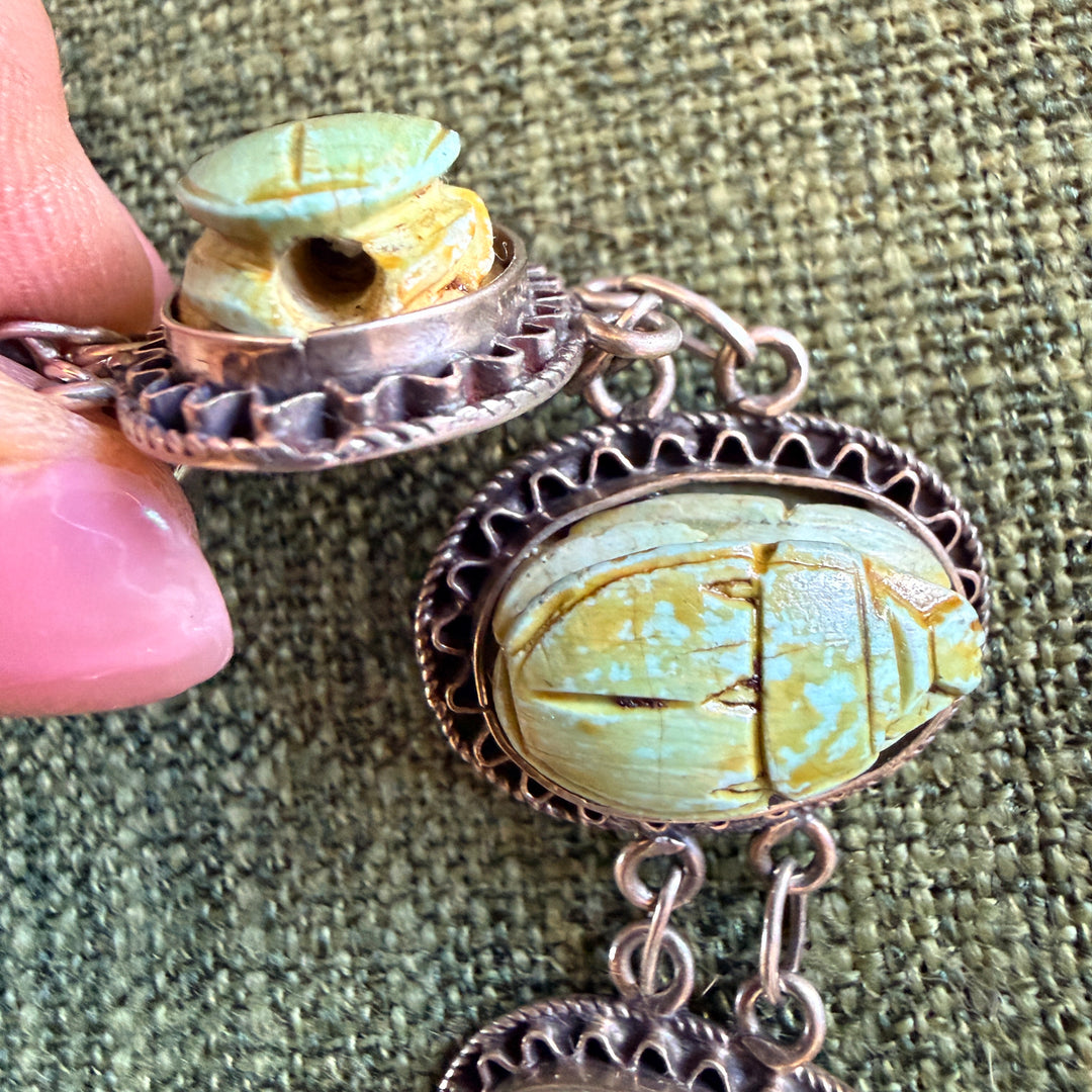 Vintage Sterling Silver Scarab Bead Panel Bracelet Egyptian