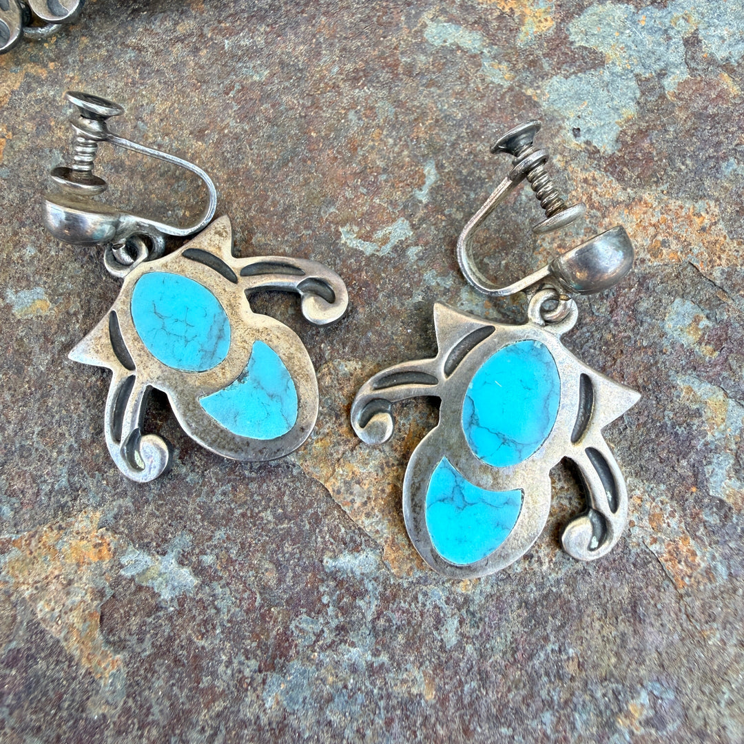 Vintage Mexican Sterling Silver Turquoise Bracelet & Earring Set Taxco