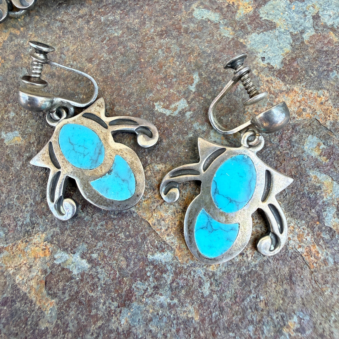 Vintage Mexican Sterling Silver Turquoise Bracelet & Earring Set Taxco