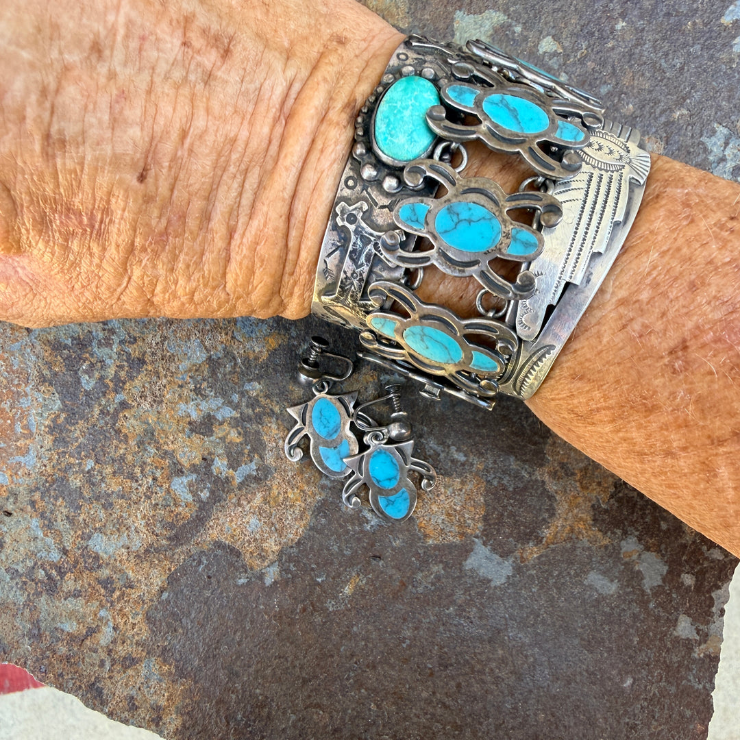 Vintage Mexican Sterling Silver Turquoise Bracelet & Earring Set Taxco
