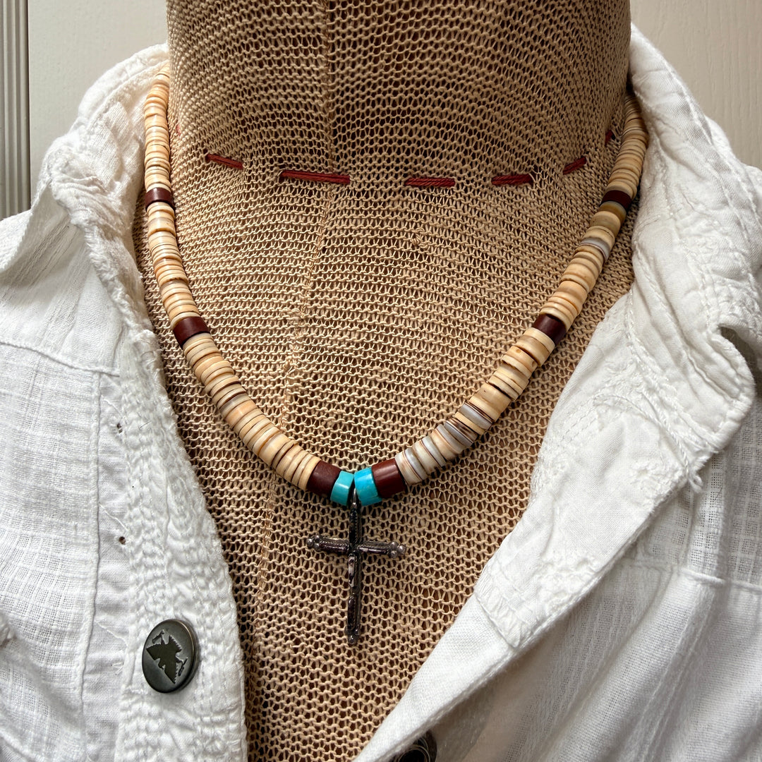 Vintage Sterling Silver & White Buffalo Needlepoint Cross Heishi Necklace