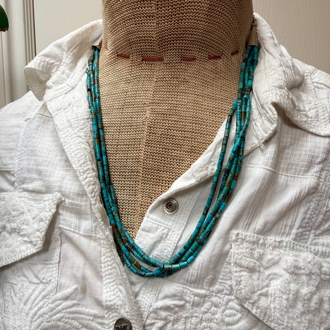 Vintage Southwestern Sterling Silver & Turquoise Heishi 4 Strand Necklace