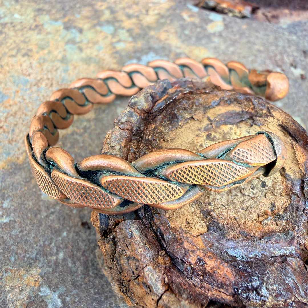 Vintage Stamp Hammered Stamped Braided Solid Copper Cuff Bracelet