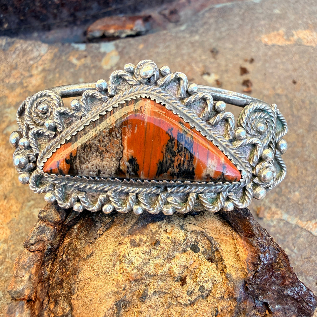 Vintage Sterling Silver Triangular Petrified Wood Navajo Bracelet Fred Harvey Era