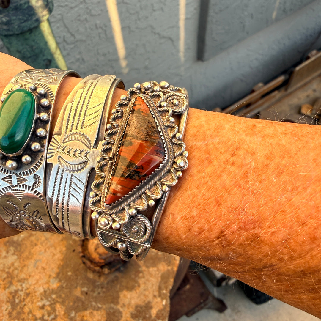 Vintage Sterling Silver Triangular Petrified Wood Navajo Bracelet Fred Harvey Era