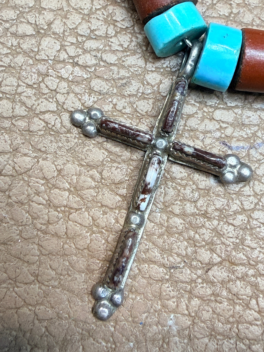 Vintage Sterling Silver & White Buffalo Needlepoint Cross Heishi Necklace
