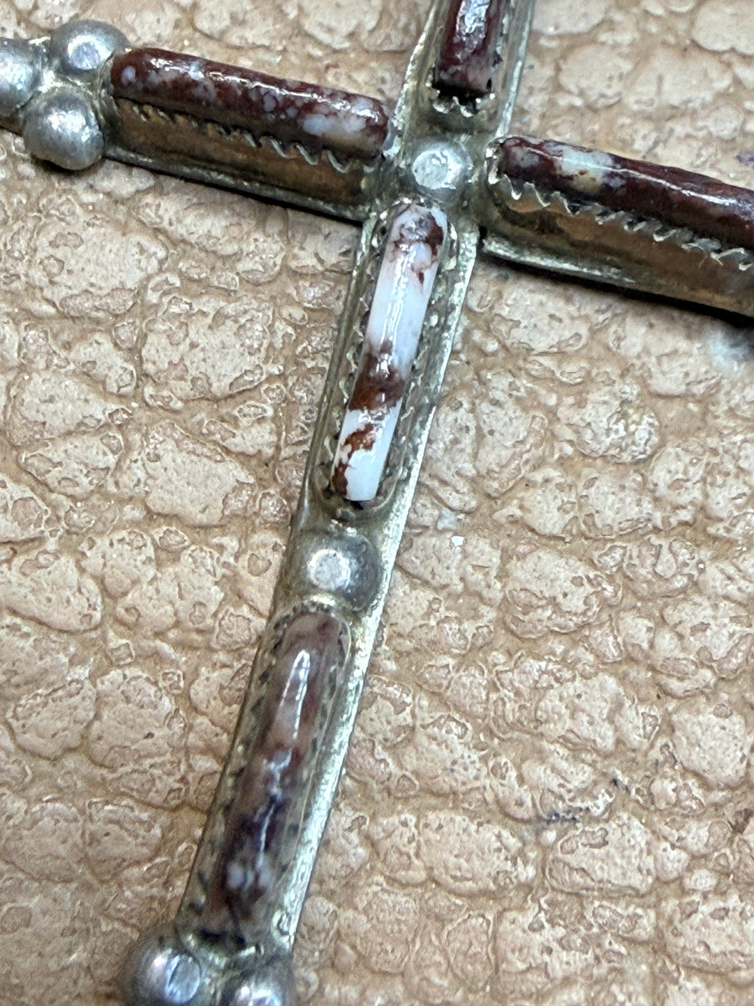 Vintage Sterling Silver & White Buffalo Needlepoint Cross Heishi Necklace
