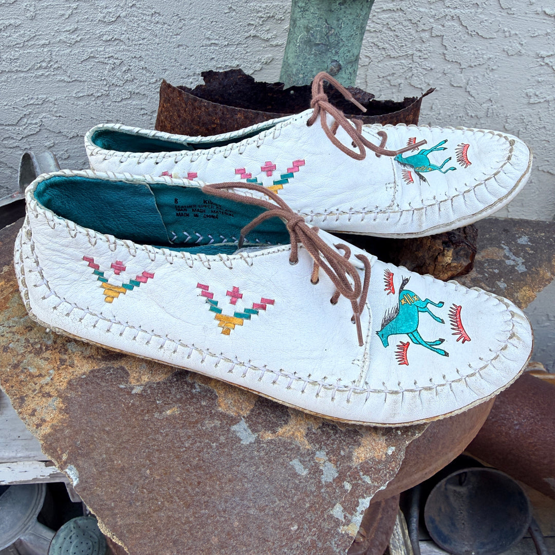 Vintage 1980s Zodiac Leather Moccasins Horse Pattern "Kirby" 8
