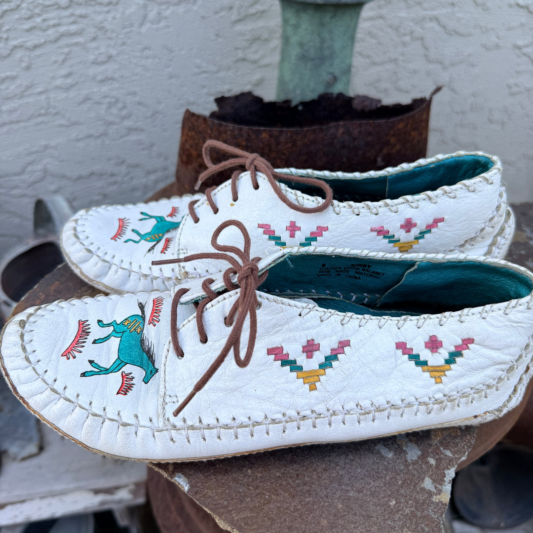 Vintage 1980s Zodiac Leather Moccasins Horse Pattern "Kirby" 8